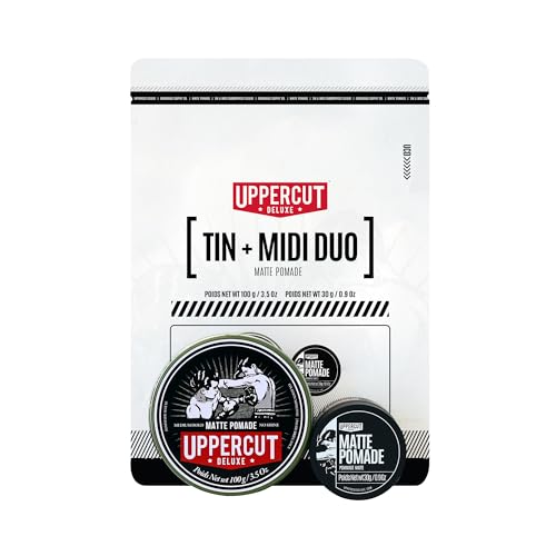 Uppercut Deluxe Pomada Mate en Lata y Dúo Midi, Producto de Peinado para Hombres con Fijación Media, Producto de Peinado Mate a Base de Agua, Sin Brillo, Fácil de Lavar 1 x 100g, 1 x 30g