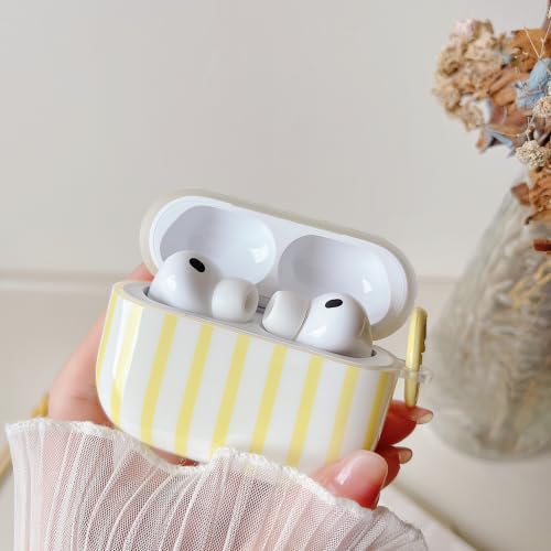 Image of MINSCOSE for AirPods Pro 3rd Generation Case (2025),Cute Striped Aesthetic Pattern Design with Girly Keychain Ring,Soft TPU Protective Shockproof Cover with Cleaner Kit for Airpods Pro 3-Yellow