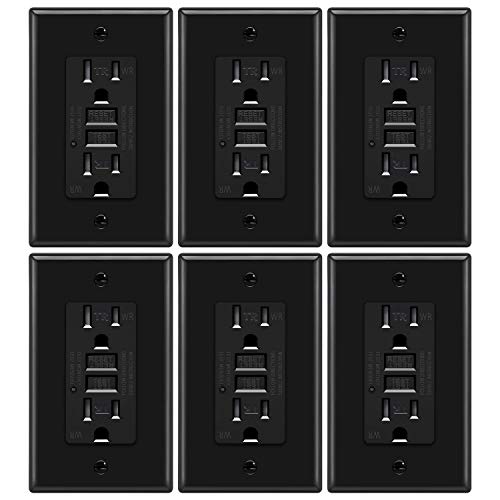 6 Pack - ELECTECK 15A/125V GFCI Outlet, 5-15R GFI Receptacle, Weather & Tamper Resistant Ground Fault Circuit Interrupter, Decorative Wall Plate Included, ETL Listed, Black