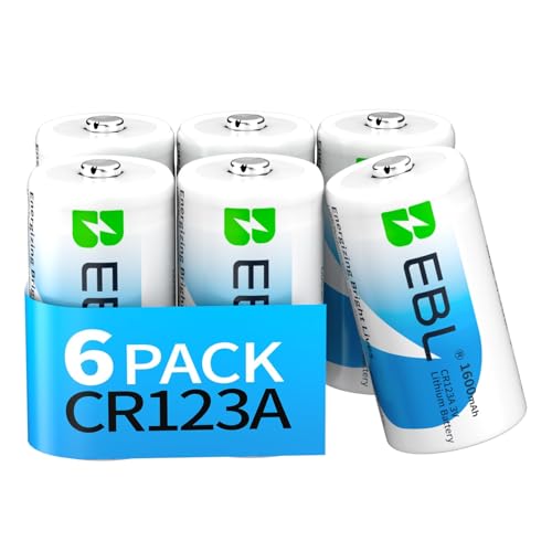 EBL Pilas de litio CR123A, paquete de 6 unidades, 3 V, 1600 mAh, para sistemas de alarma, linternas, cámaras y flashes - alto rendimiento y a prueba de fugas
