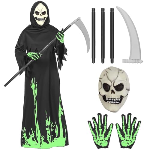 Twister.CK Halloween Grim Reaper Costume for Kids Boys Girls,Glow in the Dark Deluxe Phantom Costume with Scythe Skull Mask and Gloves