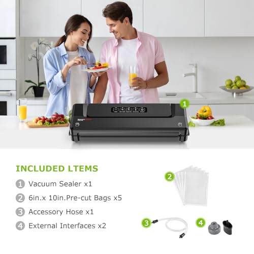 Bonsenkitchen Vacuum Sealer Machine with 5 Bags | Compact Food Sealer for Kitchen Storage & Meal Prep | Multiple Modes | External Vacuum System, Black