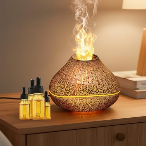 Essential Oil Volcano Diffusers with 4 Essential Oil, Aroma Diffuser with Led Flame Aromatherapy Diffuser & Mist Humidifier 7 Colors Lights Noiseless Operation Auto-Off Protection for Baby Nursery