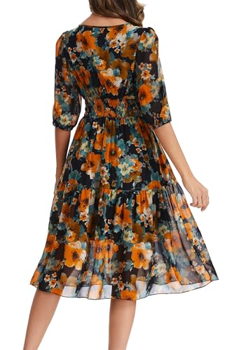 Image of Kormei Women Casual Boho Floral Round Neck 3 /4 Sleeve Smocked Waist Tiered A Line Flowy Swing Midi Dress Long Dresses
