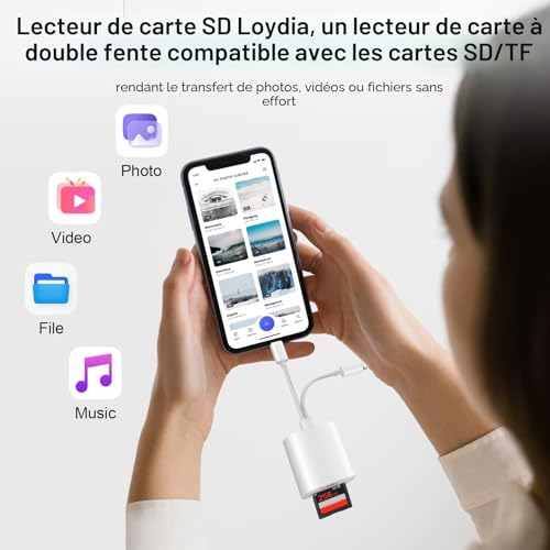 Lecteur de Carte SD pour iPhone [Certifié Apple MFi] 2 en 2 Adaptateur Carte SD USB C Lightning vers SD/Micro SD, Lecteur de Carte Mémoire Double Fente pour iPhone16 15/iPad/Samsung/Caméra/SDHC/SDXC – vue 2
