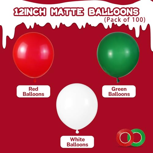 Image of 100 Pcs Christmas Red Green Balloons 12 Inch Red Green and White Latex Balloons with 65ft Ribbon for Christmas Birthday Baby Shower Party Decorations