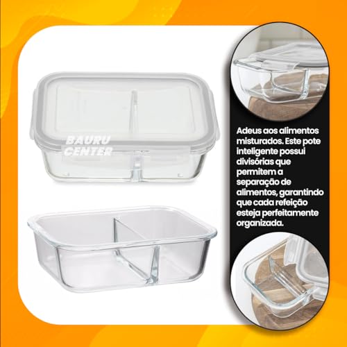 Conjunto Kit 2 Potes Vidro Hermético Divisória Retangular Marmita Fitness 640ml
