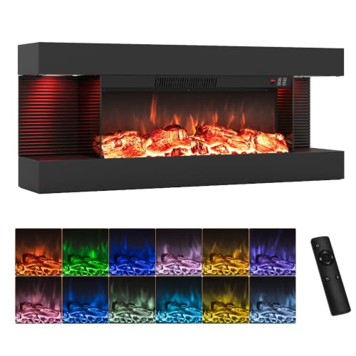 ORALNER 3 Sided Wall Mount Electric Fireplace w/ 40“ Floating Mantel, Black