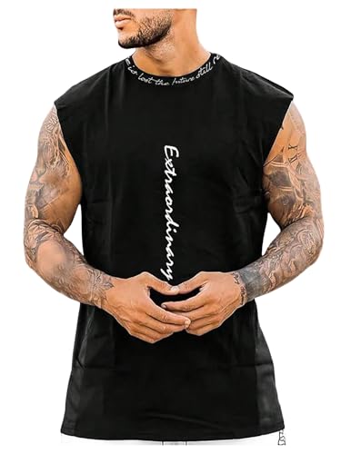Verdusa Men's Graphic Tank Tops Summer Sleeveless Letter Crew Neck Shirt Tops