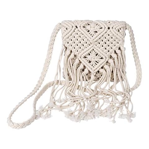 Women Tassel Shoulder Bag, Girls Fringed Crochet Purse Boho Crossbody Bags, Vintage Hand Woven Cotton Rope Hippie Style for Beach Vacation, Travel, Daily Use, Beige Cover