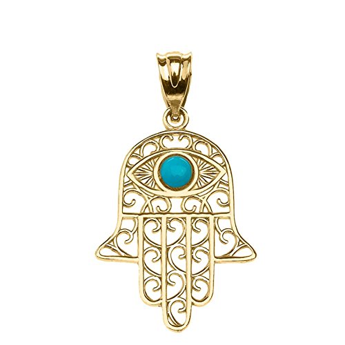 Fine 14k Yellow Gold Hamsa Hand with Blue Stone Evil Eye Pendant