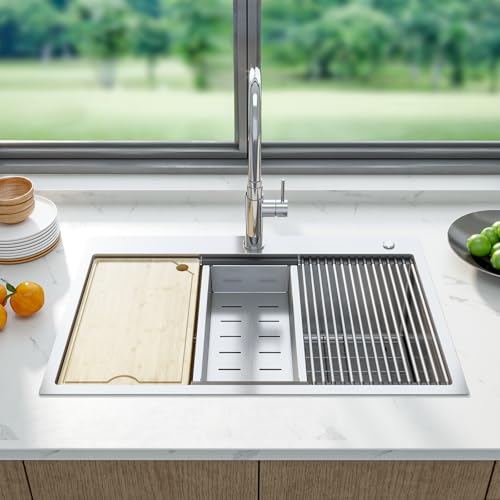 30 x 22 Drop-In Workstation Kitchen Sink – 16 Gauge Stainless Steel Topmount Sink, 10" Deep Single Bowl & 6 Accessories