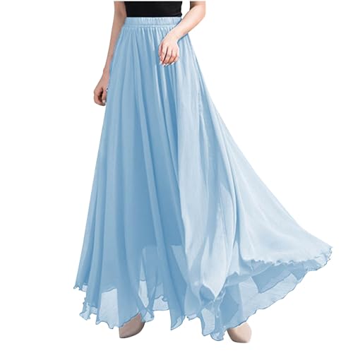 Summer Skirts for Women UK Elegant Chiffon Skirt Party Casual Swing Flowty Skirt High Waist Plain Ruffles A-Line Dress Ladies Solid Color Office Woek Maxi Dress Going Out Long Skirts Sky Blue
