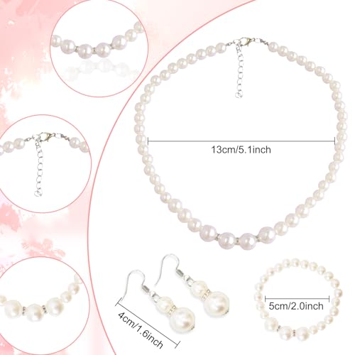 Fumwase 4 Pcs Pearl Necklace Bracelet Earrings Jewelry Sets and Short Lace Gloves Girls for Tea Party Sets Wedding Pageant Halloween Cosplay2