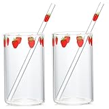 Strawberry Glass Cup with Straw 2 Set High Borosilicate Glass Strawberry Cups for Women & Girls Multi-Purpose Drinkware for Milk, Juice