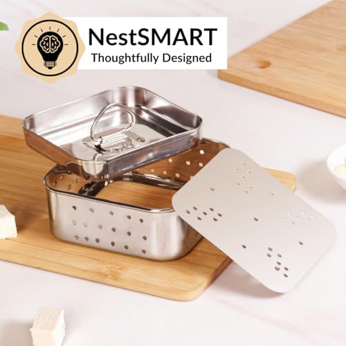 Image of Nestasia Small Stainless Steel Paneer Maker (450 ml) - Square Paneer Maker Mould Press with Lid | Rust Resistant Medium Paneer Strainer - Perfect for Fresh Paneer, Tofu & Sprouts