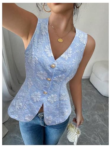 SHENHE Women's Summer Pearl Button Up Sleeveless Floral Textured Long Vest Dressy Top3