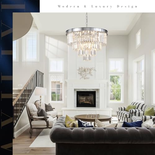 Image of Modern Chrome Crystal Chandelier 24 inch Dining Room Pendant Light Fixture