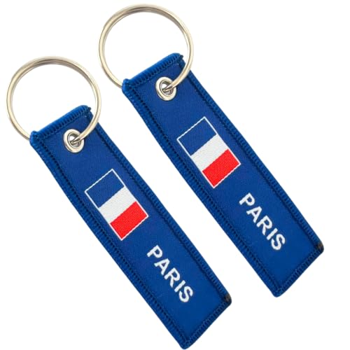 INDIAN STORE 24 Porte-clés en tissu robuste en coton polyester Drapeaux de pays Voiture Moto Brodé des deux côtés Cadeau pour hommes et femmes Drapeaux de pays Sac durable (France-Paris, 2 unités)