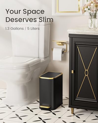 Image of Cesun Small Bathroom Trash Can with Gold Grimmed Lid & Pedal, 1.3Gal, Black