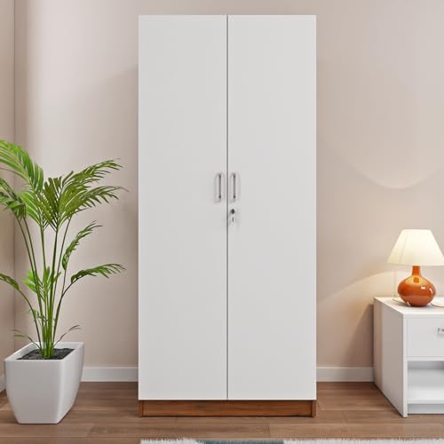 Image of VIKI Wardrobe | Jiufen Wardrobe | Wooden Almirah for 2 Door Wardrobe with 4 Shelves (Brussel Walnut | Frosty White - 40D x 80W x 180.8H) | 1 Year Warranty | Free Assembly