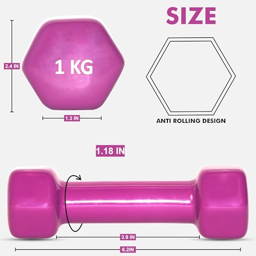 Image of RUBX Premium Unisex (Set for Men & Women) Vinyl Dumbbells Set of 2 |Ideal Home & Gym Workout | Fitness Gym Equipment for Strength Training, Bodybuilding, & Aerobics (1+1=2kg (PURPLE), 1 KGS Each)