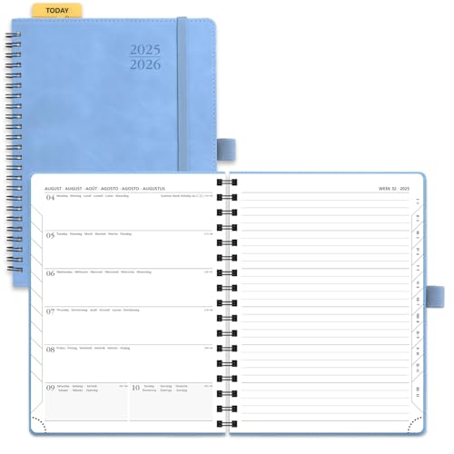 POPRUN Academic 2025-2026 Diary A5 Week to View Spiral Bound PU Leather Soft Cover 22 x 16.5 cm - 25/26 Mid Year Weekly Planner & Notebook in One, Monthly Tab (Cyan Blue)