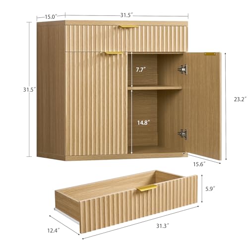 Image of TEENFON 31.5 inch W Fluted Buffet Cabinet with Storage, Sideboard Cabinet, Coffee Bar Cabinet with 2 Doors and Adjustable Shelf for Living Room, Kitchen, Entryway, Natural