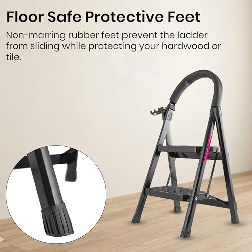 Image of Casa Copenhagen Black 2 Step Ladder for Home Use with Built-in Tool Tray | Heavy Duty D Shape Rods | Ultra Large Platform | Wide Rubber Feet | 150Kg Capacity Foldable Ladder - 7 Years Warranty