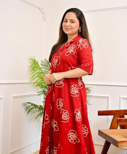 Image of Women's Floral Print Midi Dress, Rayon, A-Line Fit and Flare, Shirt Collar, Half Sleeves, Casual Wear