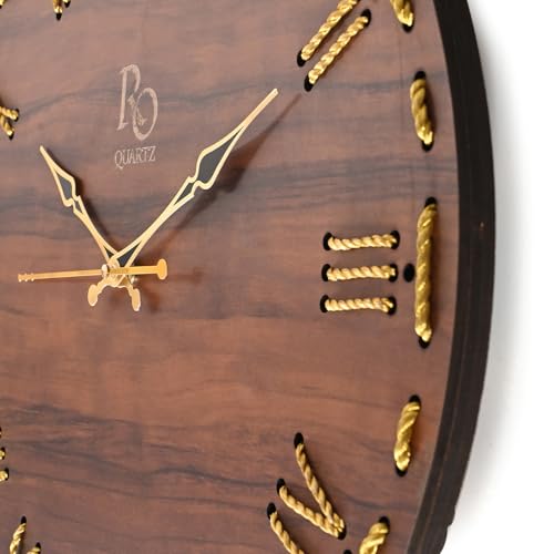 Image of Wooden Round Shape Roman Dial Wall Clock with Golden Hand & Golden Zari Rope Detailing | Stylish Silent Quartz Movement Anti Reflection Analog Vintage Clock for Home (Brown, 15.5 Inch)
