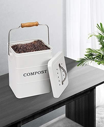 Xbopetda Stainless Steel Compost Bin for Kitchen Countertop,1 Gallon, includes Charcoal Filter,Compost Bucket Kitchen Pail Compost with Lid Easy-Clean-White