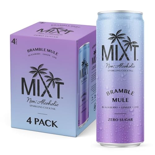 MIXT Premium Sparkling Non-Alcoholic Sparkling Cocktail - Bramble Mule – Zero Sugar, Ready to Drink, Adaptogens, Nootropics, 2g of carbs or less, Low Calorie, 12oz Cans (Pack of 4)