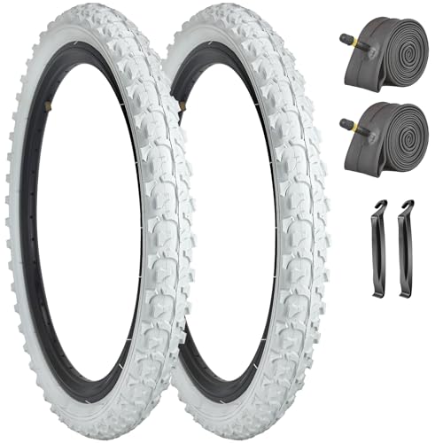 2 Pack 16x1.95 18x1.95 20x1.95 Inch Mountain Bike Tires and Tubes White with AV 32mm Valves for Kids Trail Off Road Bicycle Tyres Replacement Compatible for Wheel18/20x1.75/1.95/2.0/2.1