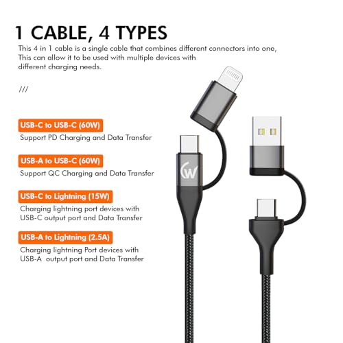 Image of 4 in 1 Type-C and Light-ning Cable with 60W Fast Charging, 480Mbps Data Sync, PD Technology, Compatible with All Type-C & Apple Devices (1.2M,Black)