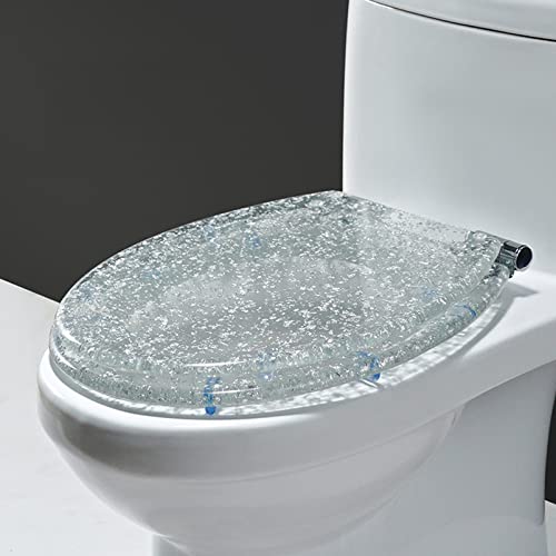 Glitter Toilet Seat, Glitter Slow Close Round Toilet Seats with Cover, Universal Quiet-Close Toilet Lid(Silvery)