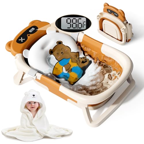 Image of Kerbwry Collapsible Baby Bathtub for Newborn to Toddler (0-18 M) - Portable Baby Tub with Thermometer, Newborn Bathtub with Soft Towel and Floating Cushion (Brown)