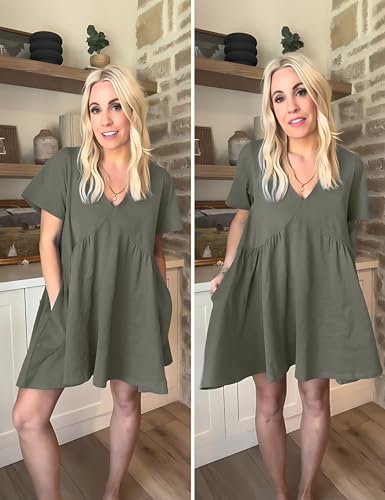 Image of Gozoloma Women Summer Short Sleeve Mini Dress Casual Loose V Neck Flowy Sundress Vacation Tshirt Sun Dress with Pockets