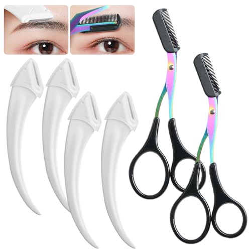 Jawfait 6 Pcs Eyebrow Trimmer Scissors with Comb, Curved Eye Brow Razor, Non-Slip Stainless Steel Facial Hair Removal Grooming, Brow Shaping Beard Shaving Kit Beauty Accessories for Women Men (Black)
