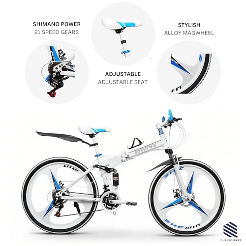 Image of QUESEC BWM Folding Gear Cycle for Adults 26 Inch 21 Speed Mountain Bike with Dual Suspension, Dual Disc Brake, Alloy Wheels, Foldable Bicycle for Boys Girls Daily Commute Fitness Ride - White
