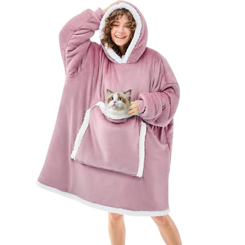 JOYWOO Purple Wearable Blanket Hoodie,Oversized Cat Lovers Sweatshirt Blanket for Adult & Teens, Birthday Gifts for Women Men Mom Girl Boys,Cozy Fuzzy Sherpa Blanket Giant Pocket Gifts,Lavender Small