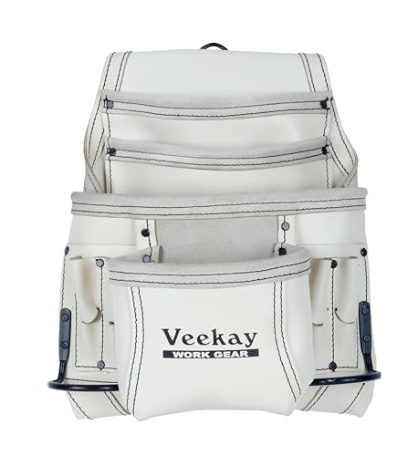 VEEKAY 10-Pocket Resin Finish Leather Tool Pouch with Carpenter's Nail & Tool Bag, Heavy Duty Steel...