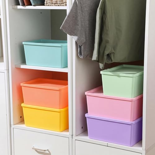 Menkxi 6 Pcs Plastic Storage Bins with Lids Stackable Storage Containers Durable Box Baskets for Organizing Shelves Playroom Classroom Office (Macaron Color,Large and Small) - Image 4