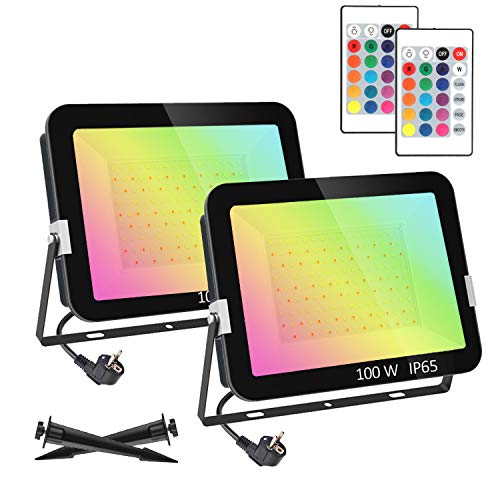 T-SUNRISE - Proyector LED RGB exterior de 100 W, color foco, foco LED para exterior de jardín, 16 colores, 4 modos con mando a distancia, impermeable IP65, para árbol, fiesta, bar, 2 unidades