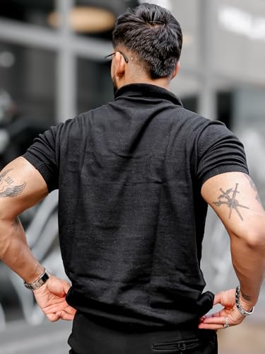 Image of Maniac || Mens || Solid Textured || Half Zip || Polo Neck || Half Sleeve || Cotton || T-Shirt