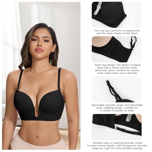 Image of JOYSHAPER Plunge Bras for Women Backless Push Up Bras Low Cut Padded Bras Shaper Convertible with Clear Straps Dress Bra