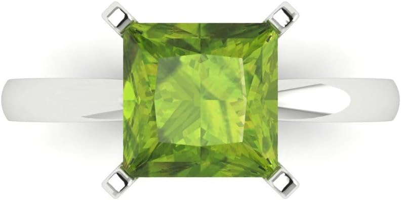 Clara Pucci 14K Solid White Gold 3 ctw Peridot Solitaire Ring for Women | Anniversary, Birthday Gift | 8.0mm Princess Cut