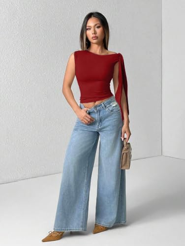 Image of TIVANTE Solid Asymmetrical Shoulder Tie Strap Crop Top for Women