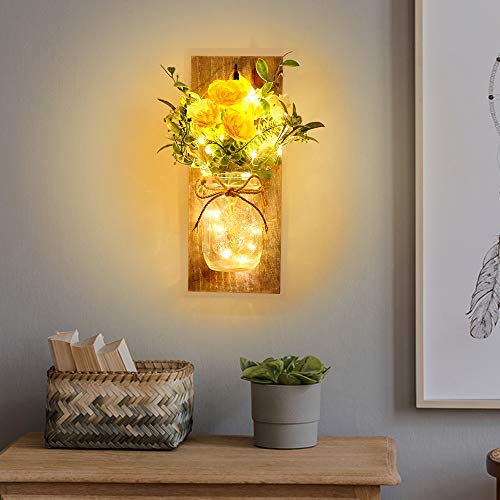 Image of Wall Decor Mason Jar Sconces - Rustic Farmhouse Home Decor with Remote Control Wall Lights and Yellow Rose for Bedroom Wall Decor Living Room Kitchen Decorations Set of Two