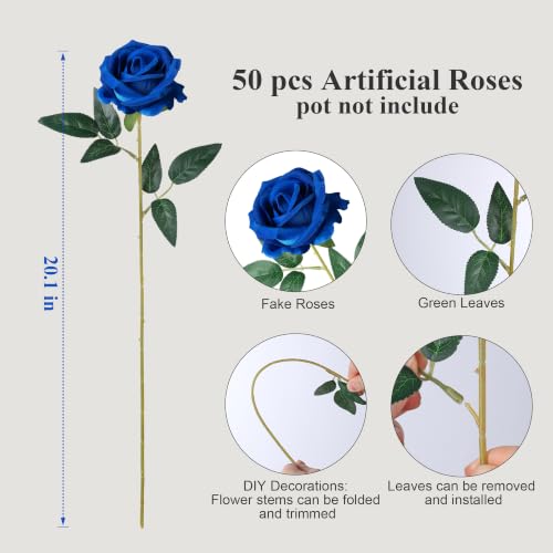 Image of 50 PCS Blue Roses Artificial Flowers, Fake Roses with Stem Realistic Silk Roses for DIY Wedding Bouquets Tables Centerpieces Arrangements Baby Shower Birthday Home Decor Independence Day Gift for Her